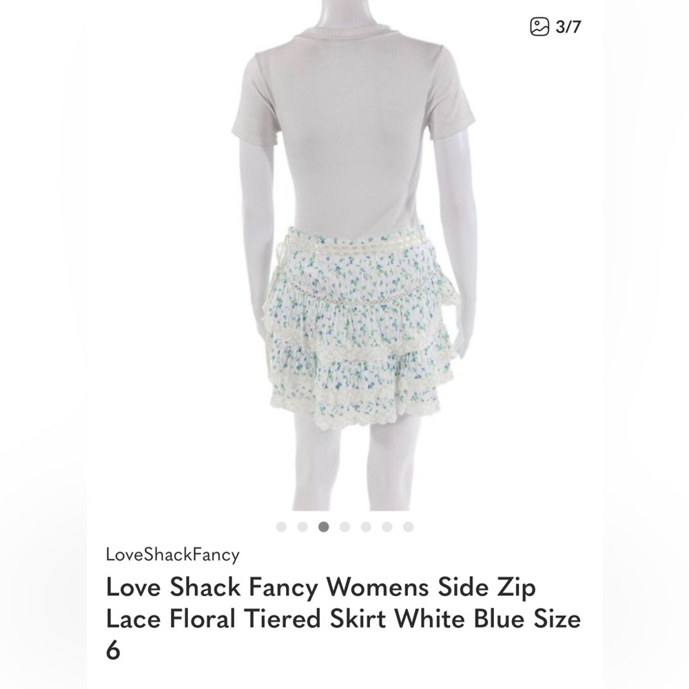 Love Shack Fancy Womens Side Zip Lace Floral Tiered Skirt White Blue Size 6